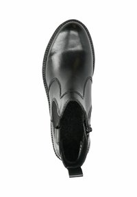 Black leather ankle boot with a smooth finish, elastic side panels, and a textured inner lining. Features a rear pull tab for ease of wear.