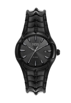 Black plastic watch with a textured band, round face, and gray dial. Features silver hour markers and date window at 3 o'clock position.