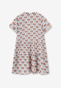 Kurzärmliges Kleid mit einem weißen Hintergrund und einem bunten Palmenprint, gestuftem Rüschendesign und einem runden Ausschnitt.