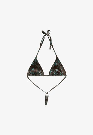 Donkerbruin bikinitopje met turquoise bloemenpatroon, driehoekige cups en dunne bandjes die in de nek en op de rug zijn vastgeknoopt op een witte achtergrond.