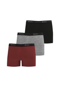 Trois paires de boxers maron, gris et noir. En coton doux avec un design uni et une ceinture noire portant le logo "Eminence".