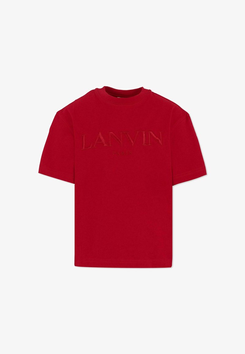 Czerwona bawełniana koszulka z krótkim rękawem, z haftowanym napisem "LANVIN" i "PARIS" w kontrastowym kolorze. Klasyczny dekolt w serek.
