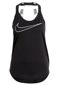 Top atletico senza maniche nero con il logo Nike bianco, caratterizzato da spalline larghe con il testo "NIKE" e un orlo leggermente curvato. Tessuto di consistenza liscia.