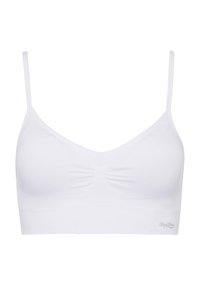 Weißes nahtloses Bralette mit verstellbaren dünnen Trägern, weichem Stoff, gerafftem Detail in der Mitte und einem elastischen Band mit Markierung am unteren Ende.
