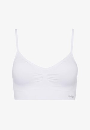 White seamless bralette with adjustable thin straps, soft texture, gathered center detail, and a branded elastic band at the bottom.