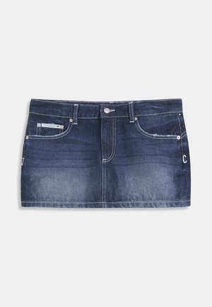 Denim mini skirt in dark indigo with five pockets, silver hardware, stitched detailing, and a slightly faded finish near the hem.