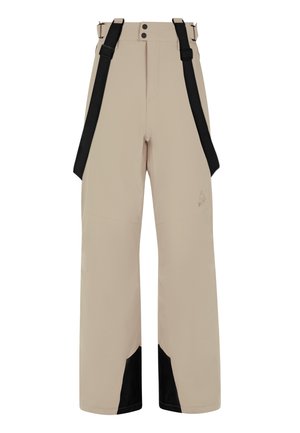 Beige skibroek met zwarte accenten, verstelbare schouderbanden en brede benen. Voorzien van waterdicht materiaal en verstevigde onderdelen.