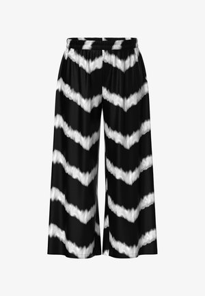 Czarne spodnie o szerokich nogawkach z białymi zygzakowatymi paskami w wzór jodełki i elastycznym pasem.