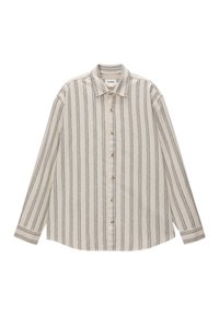 Chemise rayée beige et marine à boutons, en tissu léger. Dispose d'un col, de manches longues et de boutons en bois sur le devant.