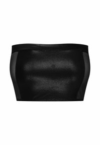 Czarny bezramionowy top typu crop z błyszczącym, gładkim przodem i przezroczystymi siateczkowymi panelami bocznymi. Prosty, elegancki design bez dodatkowych ozdób.
