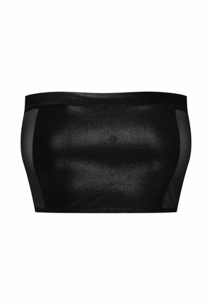 Czarny bezramionowy top typu crop z błyszczącym, gładkim przodem i przezroczystymi siateczkowymi panelami bocznymi. Prosty, elegancki design bez dodatkowych ozdób.
