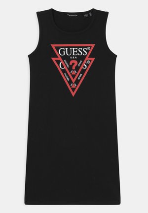 Robe noire sans manches au design ajusté. Présente un graphique logo triangulaire rouge et blanc en évidence au centre et un col rond.