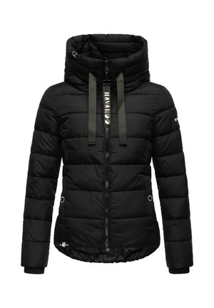 Veste matelassée noire avec un col montant, fermeture éclair à l'avant, poches latérales et cordons gris. Présente une texture matelassée et des poignets élastiques.