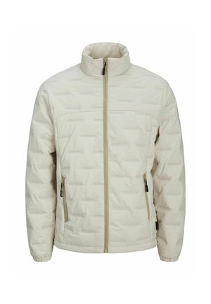 Beige puffjacka med hög krage, dragkedja fram, strukturerat mönster, två sidofickor och elastiska ärmslut. Lätt material.