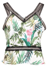 Haut blanc sans manches avec imprimé feuille tropicale verte et fleur rose, finition en dentelle noire au niveau du décolleté, des bretelles et de la taille.