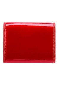 Red patent leather wallet with a glossy finish, rectangular shape, and neat stitching along the edges. No visible hardware or embellishments.