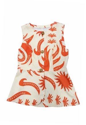 Bluza albă fără mâneci cu modele abstracte florale portocalii și trei nasturi decorativi aurii în față.