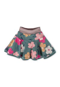 Ausgestellter Rock aus türkisfarbenem Stoff mit floralen Mustern in Pink, Gelb und Weiß. Verfügt über einen gestreiften, elastischen Bund für zusätzlichen Komfort.