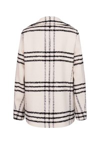 Beige karierte Jacke mit schwarzem und grauem Schottenmuster, gefertigt aus strukturiertem Material, mit langen Ärmeln und einem lässigen Schnitt.