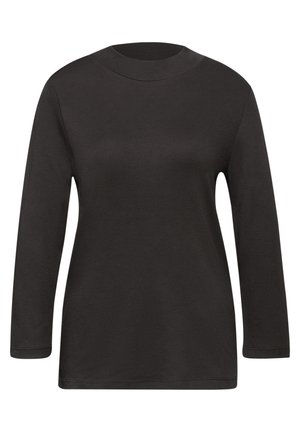 Camiseta negra de manga larga con un cuello alto, hecha de una tela suave. Presenta hombros sin costuras y un dobladillo recto en la parte inferior.