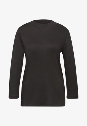 Svart långärmad t-shirt med hög krage, tillverkad av ett mjukt tyg. Har sömlösa axlar och en rak fåll längst ner.