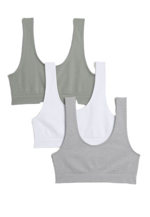 Three seamless bralettes in light gray, white, and sage green. Each features a wide band and wide straps, made of soft cotton blend fabric.