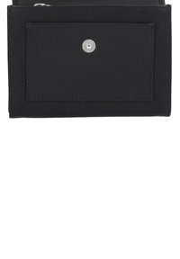 Black leather wallet with a smooth texture, featuring a rectangular card slot on the front and a silver snap closure.
