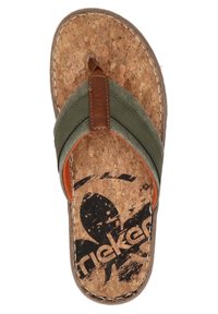 Tan cork flip-flop sandal with olive green fabric straps and brown leather accents; features a textured surface and logo print on sole.