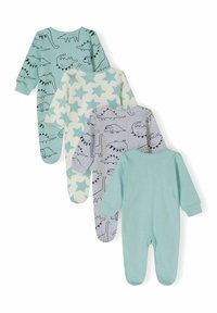Cuatro bodies para bebés en colores variados: verde menta, crema claro con estrellas, gris con estampados de dinosaurios y verde menta sólido. Todos tienen cierres de pressión.