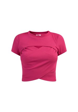 Roze geribbelde crop top met korte mouwen, voorzien van een gelaagd ontwerp en uitsnijding aan de voorkant. Zachte textuur met een getailleerde pasvorm.
