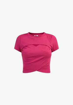 Roze geribbelde crop top met korte mouwen, voorzien van een gelaagd ontwerp en uitsnijding aan de voorkant. Zachte textuur met een getailleerde pasvorm.