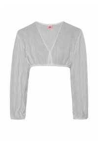 Weißes halbtransparentes, kurzes Blusenshirt mit langen Ärmeln, V-Ausschnitt und dezenten vertikalen Strukturstreifen.