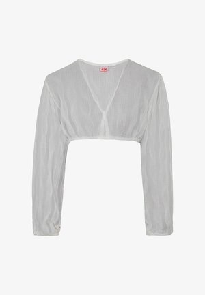 Weißes halbtransparentes, kurzes Blusenshirt mit langen Ärmeln, V-Ausschnitt und dezenten vertikalen Strukturstreifen.