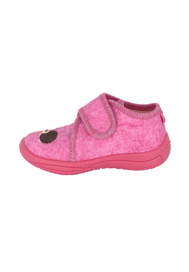 Rosa Filzschuhe mit einem Klettverschluss, abgerundetem Zehenbereich und weicher Textur. Verfügt über ein dunkelbraunes gesticktes Design an der Vorderseite. Strapazierfähige Gummisohle.