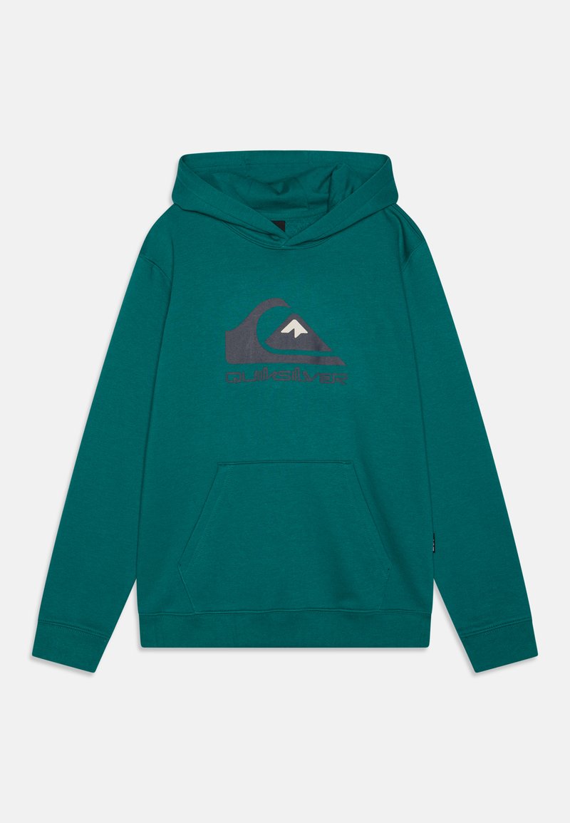 Sweat à capuche teal avec poche kangourou, cordon de serrage et logo Quiksilver en gris foncé et blanc sur le devant. Tissu doux et texturé.