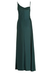Langes, dunkelgrünes Kleid mit Spaghetti-Trägern, enganliegendem Oberteil und fließendem Rock mit einem seitlichen Schlitz. Aus glattem Stoff gefertigt.