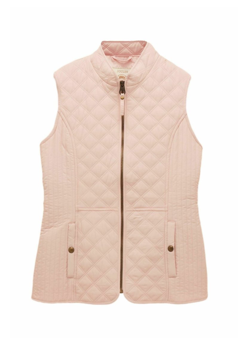 Gilet trapuntato rosa chiaro senza maniche con collo alla coreana, cerniera frontale e due tasche con bottoni a pressione.