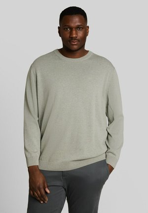 Jeune homme aux cheveux courts portant un pull gris clair et un pantalon gris foncé, debout avec une main dans la poche devant un fond uni.