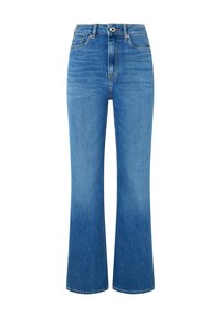 Jean flare en denim bleu clair à taille haute, avec poches avant, fermeture éclair et légère décoloration pour la texture. Pas de marque visible.