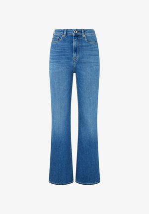 Gaiši zilas džinsa bikses ar platām kājām un augstu jostasvietu, ar priekšējiem kabatām, rāvējslēdzēju un vieglu izbalēšanu tekstūras piešķiršanai. Nav redzamas zīmola atzīmes.