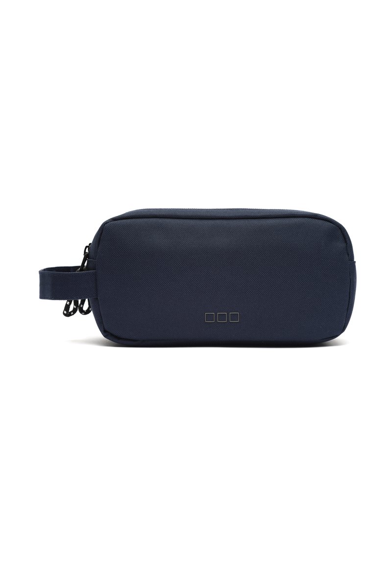 Pochette rettangolare blu navy realizzata in tessuto testurizzato, dotata di chiusura a zip, maniglia per il trasporto e dettagli di logo minimalisti.