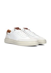 White lace-up sneakers with smooth leather upper, tan leather accents, rounded toe, textured outsole, and perforation detailing on the sides.