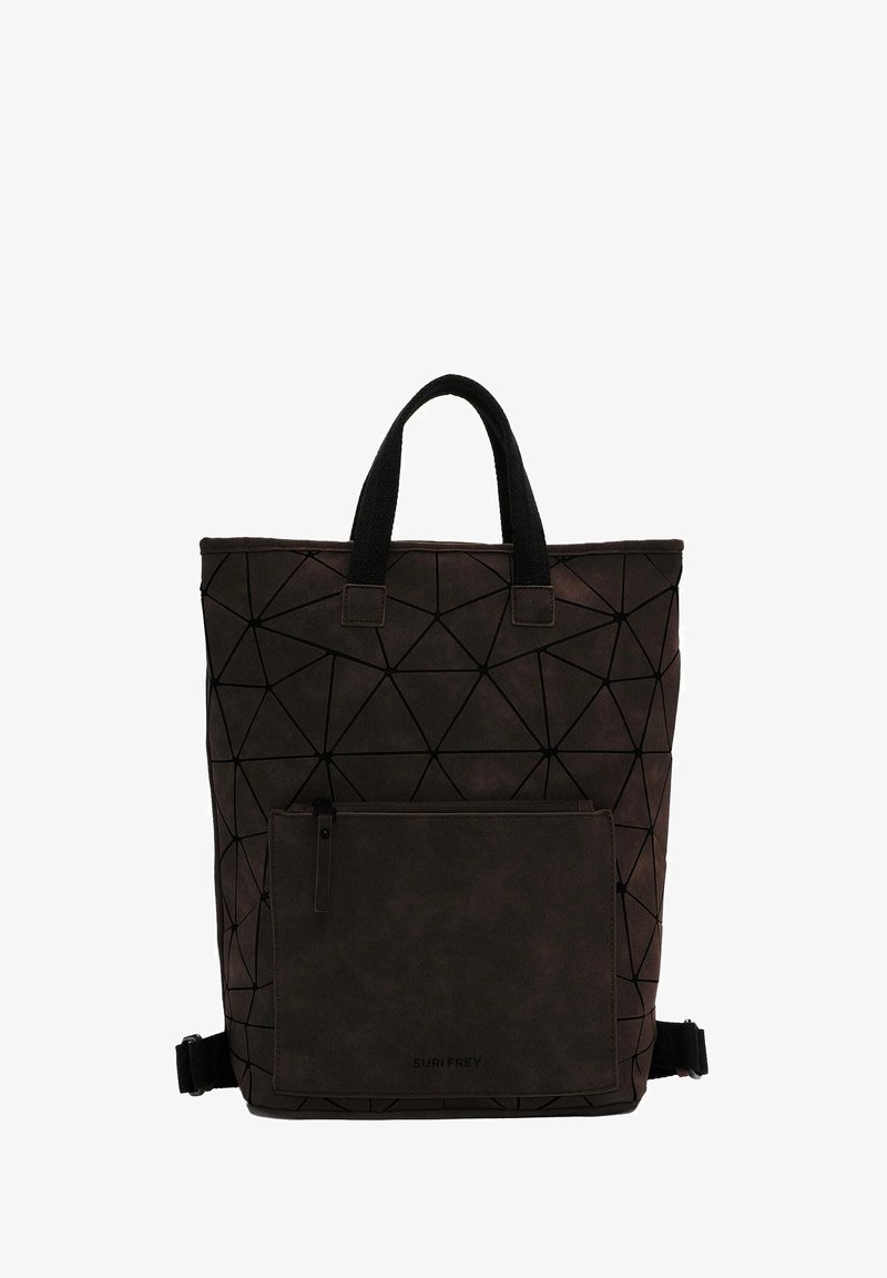 Tumed pruun käekott on varustatud geomeetrilise disainiga, millel on tekstuuriga pind, mustad rihmad ja lukuga esikott. Kaasas reguleeritav rihm.