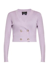 Cardigan cropped a coste color lilla con scollatura a V, maniche lunghe e doppi bottoni dorati nella parte anteriore. Realizzato in morbido materiale lavorato a maglia.