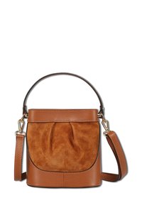 Braune Bucket Bag aus einer Kombination von glattem Leder und weichem Wildleder. Mit einem dünnen Griff an der Oberseite und einem abnehmbaren Schultergurt akzentuiert.