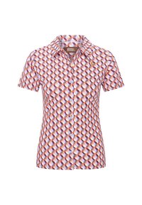 Camicia a maniche corte con un motivo geometrico in viola, arancione e bianco. Presenta un colletto e una chiusura a bottoni, realizzata in tessuto leggero.