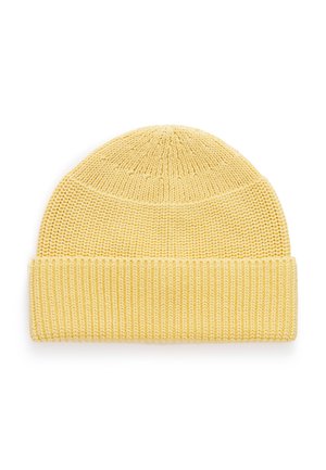 Gele gebreide muts met een geribbelde boord, voorzien van een gestructureerd patroon en een afgerond kroondesign. Lichtgewicht en rekbare stof.