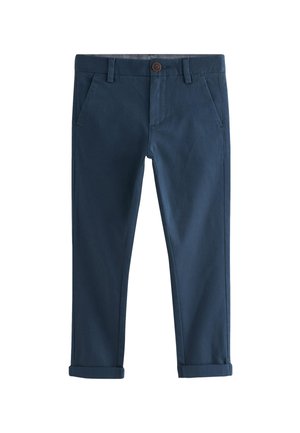 Tumesinised laste chinosid, millel on nupukinnitus, vööaasad, kaldus esitaskud ja üleskeeratud varrukad.