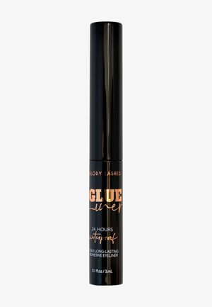 Black tube of waterproof adhesive eyeliner labeled "Glue Liner 24 hours, 2 in 1 long-lasting, 3 mL" on a white background.