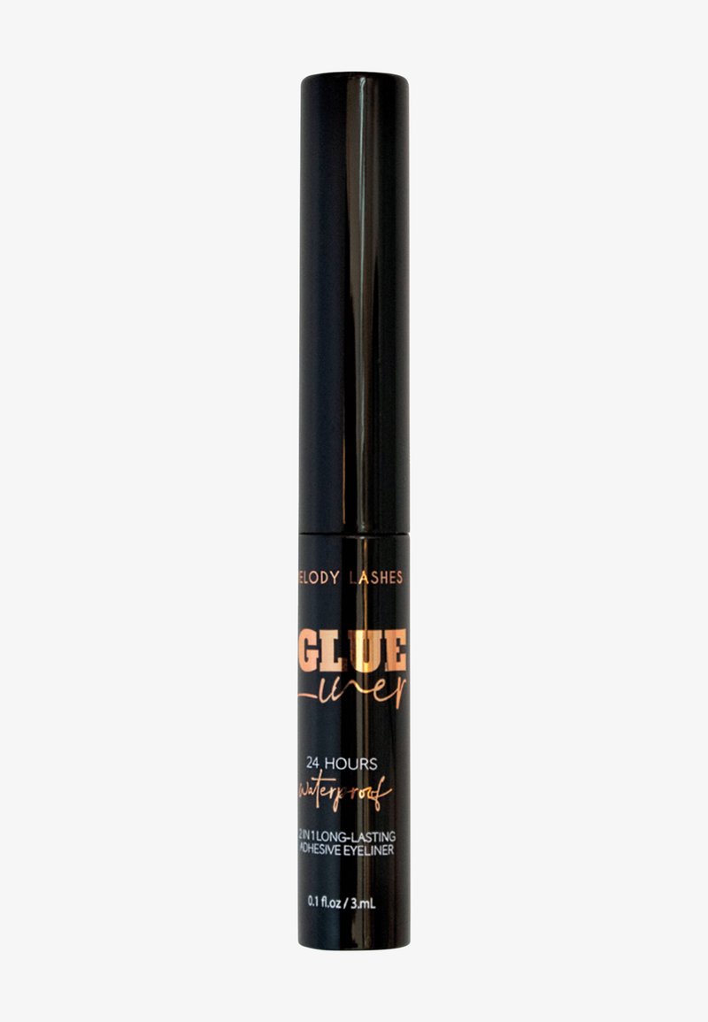Tube noir d’eyeliner adhésif waterproof étiqueté « Glue Liner 24 heures, 2 en 1 longue tenue, 3 ml » sur fond blanc.